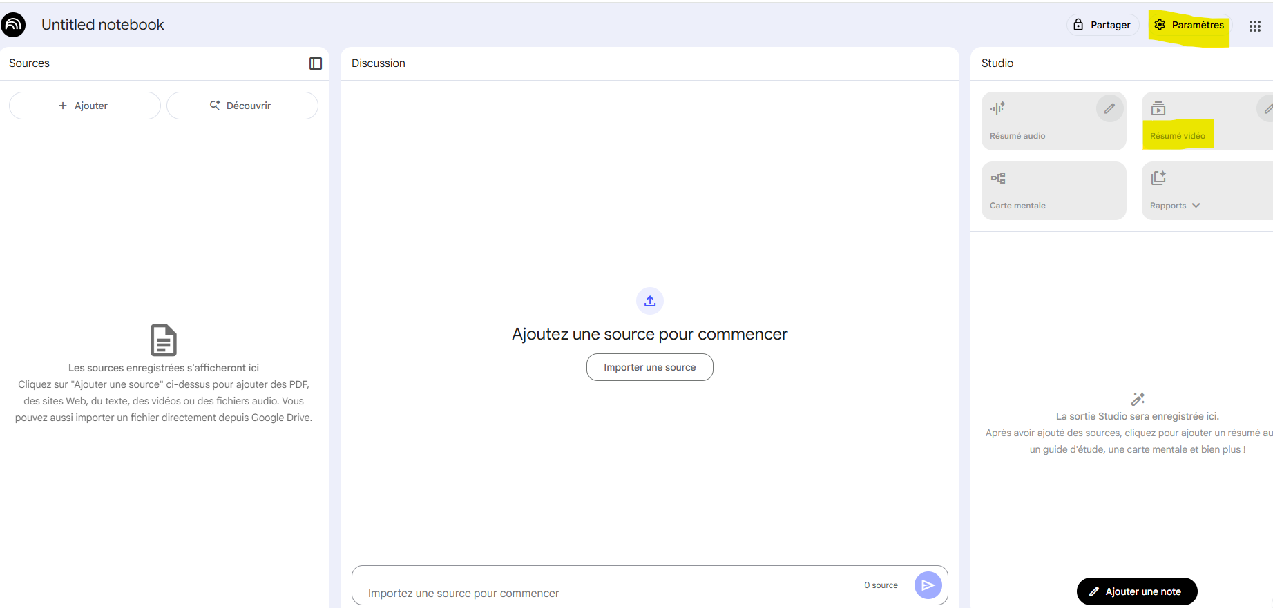 Interface NotebookLM Studio présentant les options vidéo, audio et cartes mentales