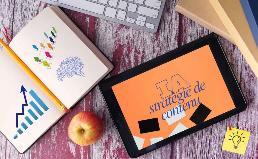 Tablette affichant "IA stratégie de contenu" posée sur un bureau créatif, illustrant l'automatisation pour les petites entreprises