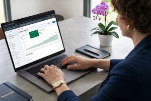 Françoise Muller, experte GEO et SEO pour OuistiCom, analysant des graphiques de performance sur un ordinateur portable au Cannet