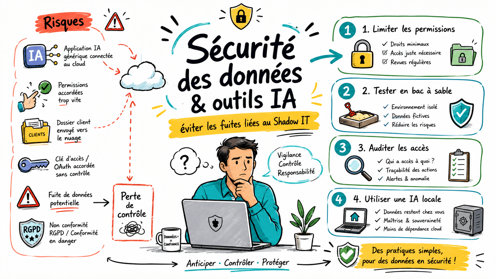 Illustration sketchnote sur la sécurité des données, les outils IA et les bonnes pratiques pour éviter les fuites liées au Shadow IT